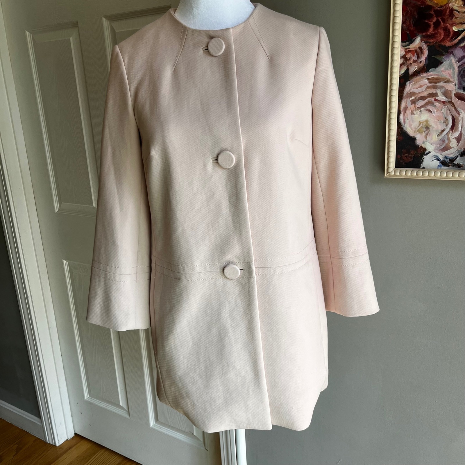 Talbots Blush Pink Collarless Button Front Coat Jacket, Peacoat, Feminine 4p